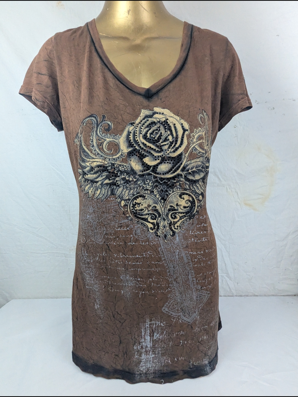 Velvet Stone Women's Blouse  Rose & Cross V-Neck Blouse Large